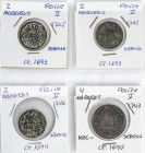 Lote 4 monedas 2(3) y 4 Maravedís. SEGOVIA. 2 Maravedís 1745(2), 1746 y 4 Maravedís 1743. AC-74(2), 75 y 95. BC+ a MBC-.