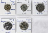 Lote 5 monedas 2(2) y 4 (3) Maravedís. 1719 a 1745. SEGOVIA. A EXAMINAR. AC-74, 75, 92, 94 y 95. BC+ a MBC.
