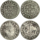 Lote 2 monedas 2 Reales. 1708 y 1736. VALENCIA-F y SEVILLA-A.P. AC-1001 y 995. BC+.
