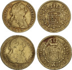 Lote 2 monedas 1 Escudo. 1777, 1779. MADRID-P.J. y POPAYAN-S.F. 3,24 y 3,32 grs. 1777 Popayan escasa. AC-1358, 1420. MBC-.