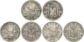 Lote 3 monedas 1 Peseta. 1869 y 1870. 1869 Leyenda: GOBIERNO PROVISIONAL, 1870 (*18-70) S.N.-M. y 1870 (*18-73) S.N.-M. A EXAMINAR. MBC- a MBC.