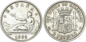 2 Pesetas. 1869 (*18-69). S.N.-M. Estrellas algo flojas pero visibles. (Golpecitos y limpiada). MBC-.