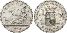 5 Pesetas. 1870 (*18-70). S.N.-M. Estrellas flojas pero visibles. (Golpecitos y rayitas). MBC.