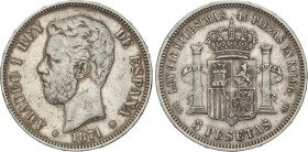 5 Pesetas. 1871 (*18-75). D.E.-M. (Golpecitos). MBC+.