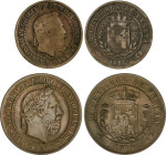 Lote 2 monedas 5 y 10 Céntimos. 1875. BRUSELAS. Anverso y reverso coincidentes. Tipo medalla. AC-2, 5. MBC- a MBC+.