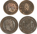 Lote 2 monedas 5 y 10 Céntimos. 1875. BRUSELAS. Anverso y reverso coincidentes. Tipo medalla. AC-2, 5. MBC- a MBC.