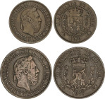 Lote 2 monedas 5 y 10 Céntimos. 1875. BRUSELAS. Anverso y reverso coincidentes. Tipo medalla. AC-2, 5. MBC- a MBC+.