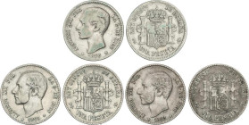 Lote 3 monedas 1 Peseta. 1876, 1882 y 1883. 1876 (*_-76) D.E.-M. 1882 (*_-82) M.S.-M y 1883 (*_-83) M.S.-M. A EXAMINAR. MBC- a MBC.
