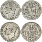 Lote 2 monedas 1 Peseta. 1885. (*18-85) M.S.-M. y (*18-86) M.S.-M. (Rayitas y golpecitos). MBC- y MBC.