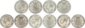 Lote 5 monedas 2 Pesetas. 1879 a 1884. 1879 (*18-79) E.M.-M. 1881 (*18-81) M.S.-M. 1882 (*18-82) M.S.-M. 1883 (*_-83) M.S.-M. y 1884 (*18-84) M.S.-M. ...