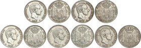 Lote 5 monedas 50 Centavos de Peso. 1881, 82, 83, 84, 85. (Varias limpiadas). A EXAMINAR. MBC- a MBC+.