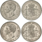 Lote 2 monedas 5 Pesetas. 1875 y 1876 (*_-75) y (*18-76). D.E.-M. La primera estrella de 1876 algo floja pero visible. MBC+.