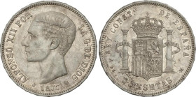 5 Pesetas. 1877 (*_8-77). D.E.-M. (Golpecitos). Restos de brillo original. EBC-.