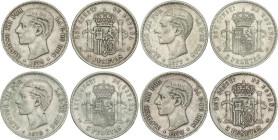 Lote 4 monedas 5 Pesetas. 1877 a 1879. 1877 (*18-77) D.E.-M. 1878 (*18-78) E.M.-M. 1878 (*_8-78) D.E.-M. 1879 (*_8-7_) E.M.-M. (La de 1878 E.M.-M. con...