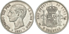 5 Pesetas. 1881 (*18-81). (Golpecitos y rayitas). ESCASA. MBC.
