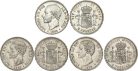 Lote 3 monedas 5 Pesetas. 1875, 1877, 1885. A EXAMINAR. MBC+.