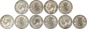 Lote 5 monedas 5 Pesetas. 1883 a 1885. 1883 (*18-83) M.S.-M. 1885 (*18-85) M.S.-M. 1885 (*18-86) M.S.-M. 1885 (*18-87) M.S.-M. 1885 (*18-87) M.P.-M. A...