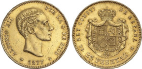 25 Pesetas. 1877 (*18-77). D.E.-M. (Descolgada). MBC+.