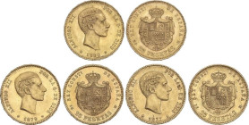 Lote 3 monedas 25 Pesetas. Anv.: {\rtf1\ansi {\fonttbl\f0\fnil Monospaced;} }. 1877 (_-_) D.E.-M, 1879 (*18-79) E.M.-M y 1880 (*18-80) M.S.-M. A EXAMI...