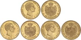 Lote 3 monedas 25 Pesetas. Anv.: {\rtf1\ansi {\fonttbl\f0\fnil Monospaced;} }. 1877 (*18-77) D.E.-M, 1878 (_-78) D.E.-M. y 1880 (*18-80) M.S.-M. A EXA...