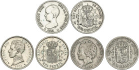 Lote 3 monedas 1 Peseta. 1891, 1893 y 1904. 1891 (*1_-_) P.G.-M. 1893 (*18-_) P.G.-M y 1904 (*19-04) S.M.-V. A EXAMINAR. MBC- a EBC.