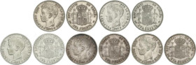 Lote 5 monedas 1 Peseta. 1896 a 1902. 1896 (*18-96) P.G.-V 1899 (*18-99) S.G.-V. 1900 (*19-00) S.M.-V. 1901 (*19-01) S.M.-V y 1902 (*_-_) S.M.-V. A EX...