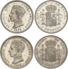 Lote 2 monedas 2 Pesetas. 1905 (*19-05). SM-V. Una con cifras de la primera estrella no visibles. EBC.