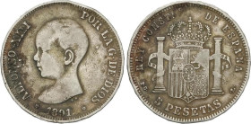 5 Pesetas. 1891 (*18-81). P.G.-L. 24,19 grs. FALSA DE ÉPOCA. No coincidente. L corta. 22 barra en escudete. (Golpes, patina irregular). Vti-F124Fl. MB...