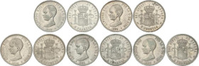 Lote 5 monedas 5 Pesetas. 1888 a 1891. 1888 (*18-88) M.P.-M. 1889 (*18-89) M.P.-M. 1890 (*18-90) M.P.-M. 1890 (*18-90) P.G.-M. y 1891 (*_-91) P.G.-M. ...