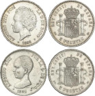 Lote 2 monedas 5 Pesetas. 1892 (*18-92). P.G.-M. Tipo Pelón y tipo rizos. MBC+ a EBC-.