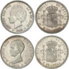 Lote 2 monedas 5 Pesetas. 1892. 1892 (*18-92) P.G.-M. tipo pelón y 1892 (*18-92) P.G.-M. tipo Bucles. (Alguna estrella floja pero visible, golpecitos)...