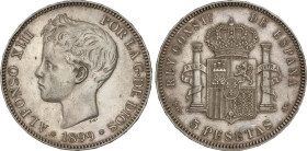 5 Pesetas. 1899 (*18-99). S.G.-V. (Pequeños golpecitos). Pátina. EBC.