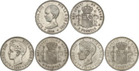 Lote 3 monedas 5 Pesetas. 1889, 1898, 1899. A EXAMINAR. MBC+ a EBC+.