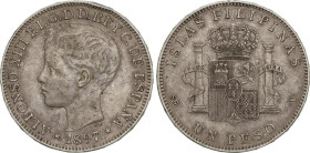 1 Peso. 1897. MANILA. S.G.-V. Pátina. (Golpecitos). MBC.