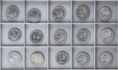 Lote 15 monedas 2 Pesetas. 1869, 70 (*70, 73, 74, 75), 79, 81, 82, 83, 84, 89, 91, 92, 94, 1905. A EXAMINAR. MBC- a EBC+.