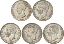 Lote 5 monedas 5 Pesetas. 1871, 76, 84 (2), 88. AMADEO I, ALFONSO XII y XIII. Varias estrellas no visibles. A EXAMINAR. MBC- a MBC+.