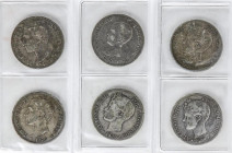 Lote 6 monedas 5 Pesetas. 1876 a 1898. Alfonso XII y XIII. Algunas fechas repetidas. A EXAMINAR. MBC- a MBC.