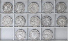 Lote 13 monedas 5 Pesetas. 1871 a 1898. AMADEO I, ALFONSO XII y ALFONSO XIII. Todas diferentes. A EXAMINAR. MBC- a MBC+.