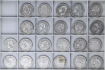 Lote 22 monedas 5 Pesetas. 1871 a 1898. AMADEO I, ALFONSO XII y ALFONSO XIII. Varias repetidas. A EXAMINAR. BC+ a MBC+.