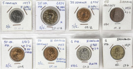 Lote 8 monedas 5 Céntimos a 1 Peseta. 1933 a 1937. Fe, CuNi, AE, latón y AR. Todas diferentes. A EXAMINAREBC a SC.