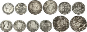 Lote 6 monedas 1/2 (5), 1 Real. REYES CATÓLICOS a ISABEL II. Anv.: {\rtf1\ansi {\fonttbl\f0\fnil Monospaced;} }. AR. 1/2 Real: Reyes católicos, felipe...
