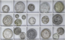 Lote 19 monedas. FELIPE V a ALFONSO XIII. AR, Calamina. Interesante lote de conjunto con varias piezas de 2 Reales 2x Carlos III Pretendiente. 8 moned...