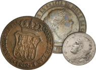 Lote 3 monedas. ISABEL II (2), II REPÚBLICA. Isabel II: 6 Cuartos 1838, 5 entimos de Escudo 1867. II República: 5 Céntimos 1937. A EXAMINAR. MBC+ a EB...