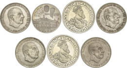 Lote 7 monedas tamaño duro. 1966 a 1994. Estado Español, JUAN CARLOS I y BÉLGICA. AR. Incluye 4 monedas 100 pesetas Estado Español 1966 (*66, 67, 68),...