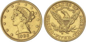 5 Dollars. 1906-S. SAN FRANCISCO. 8,32 grs. AU. Descolgada, canto limado a la 12h. Coronet Head. Fr-143, KM-101. MBC+.