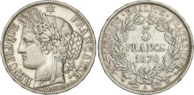 5 Francs. 1870-A. III REPUBLIQUE. PARIS. 24,8 grs. AR. (Golpecitos). KM-818.1. MBC+.