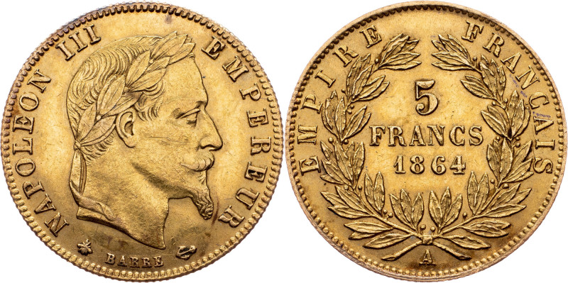 France, 5 Francs 1864, A France, 5 Francs 1864, A, Au|small hairlines, mint lust...