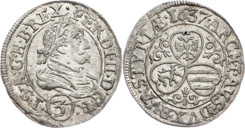 Ferdinand III., 3 Kreuzer 1637, Graz Ferdinand III., 3 Kreuzer 1637, Graz, Ag|mi...