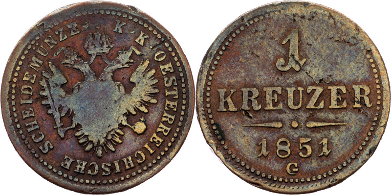 Franz Joseph I., 1 Kreuzer 1851, G Franz Joseph I., 1 Kreuzer 1851, G, Copper|Fl...