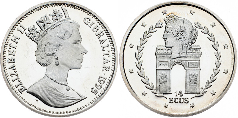 Gibraltar, 14 ECUS 1995, Surrey Elizabeth II, 14 ECUS 1995, Surrey, 10 g, Ag (92...